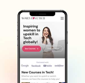 Image of a phone with Women Love Tech on the screen